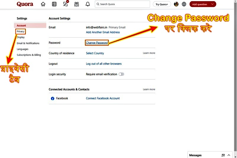 quora change password and privacy options