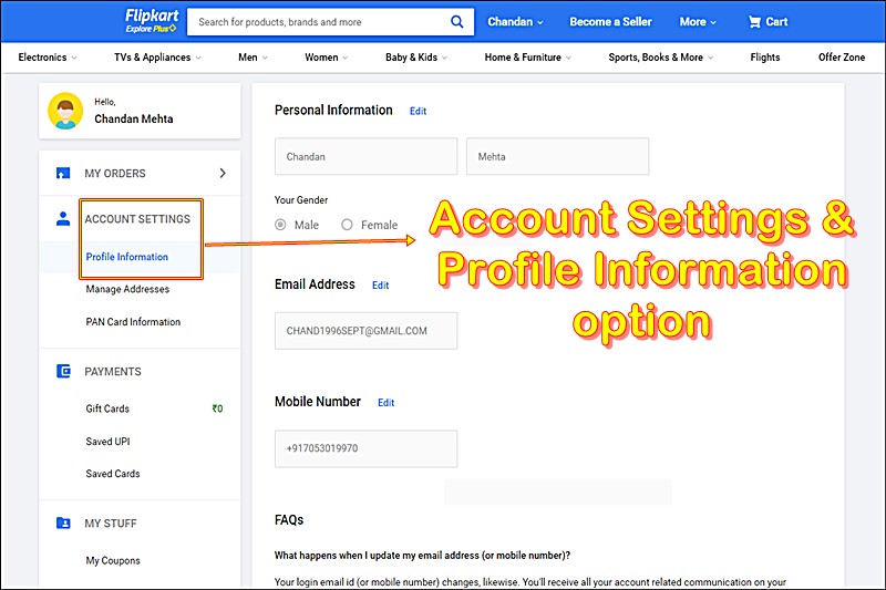 account settings and profile information option
